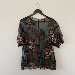 Kimchi Blue Urban Outfitters Embroidered Mesh Floral Top Black Size M